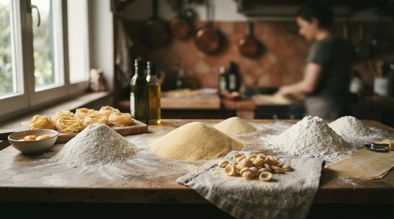 Editorial illustration for 00, Semolina, or All-Purpose? The Flour That Decides Your Pasta's Personality