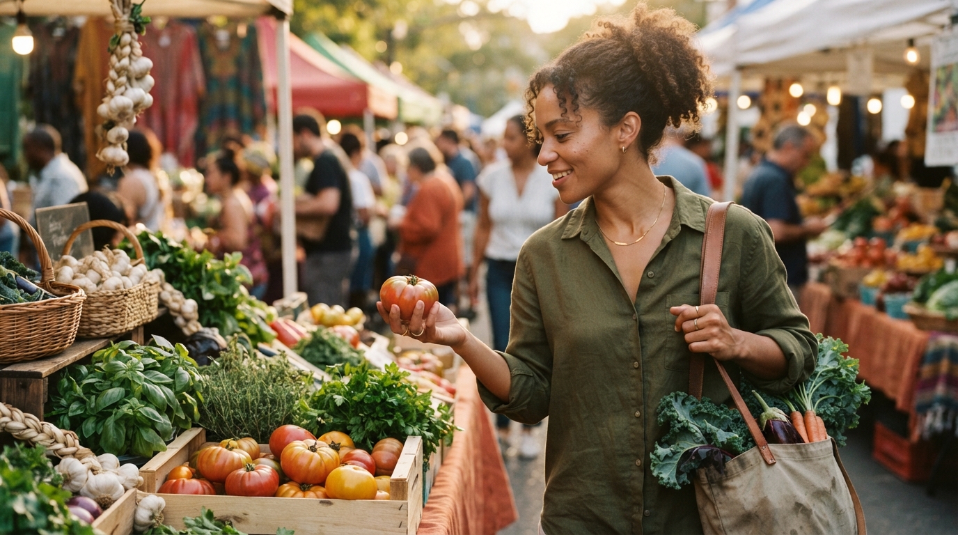 Editorial illustration for A Solo Cook's Guide to the Farmers Market: Shop Smart, Waste Less