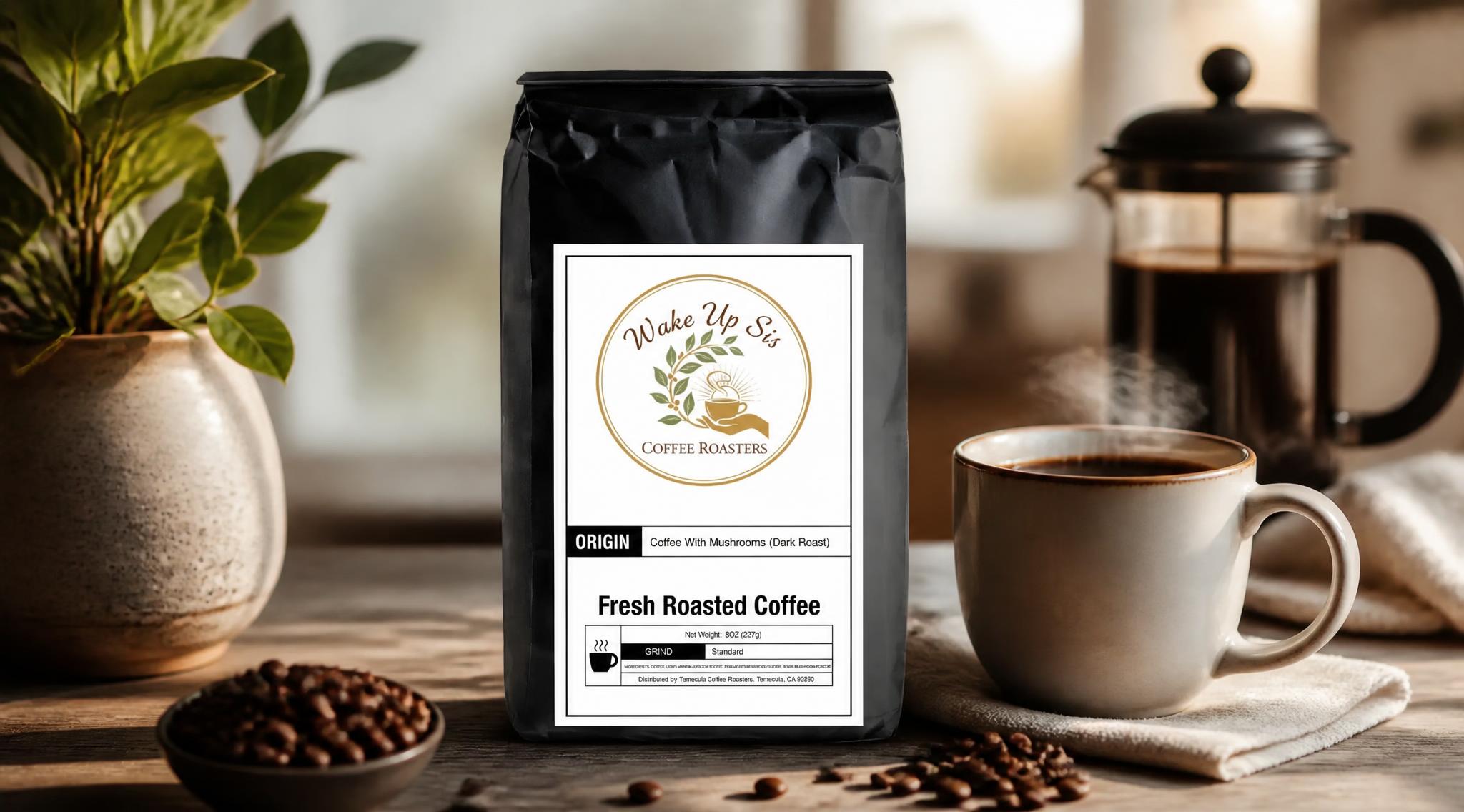 Bold and Smoky Mushroom Coffee With Wake Up Sis Coffee Roasters Dark Roast