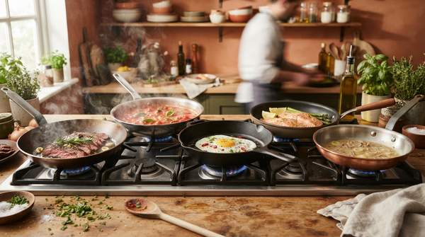 Editorial illustration for Five Cookware Materials, One Kitchen: Which Pan Actually Fits How You Cook?