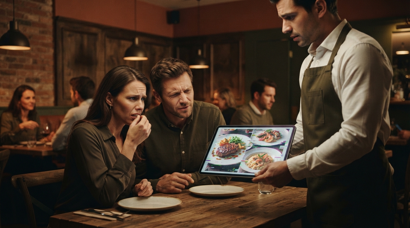 Diners react with disgust to a restaurant menu featuring uncanny, AI-generated food images that appear distorted and unsettling.