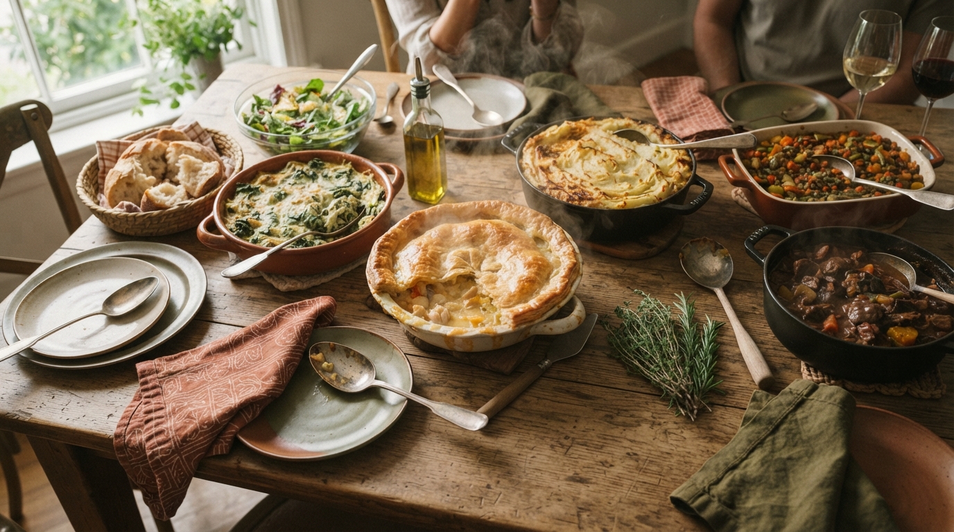 A spread of diverse, steaming casseroles on a rustic wooden table, showcasing a variety of healthy and delicious family meal options.